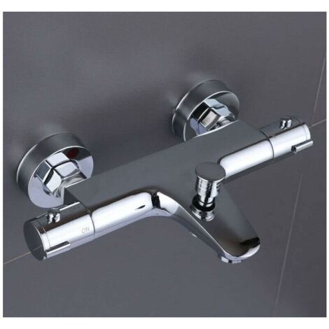 Robinet de baignoire thermostatique 20-50 ℃, acier inoxydable 2 sorties d'eau robinet de douche mitigeur robinet de salle de bain chromé, robinet de douche anti-brûlure avec bouton de sécurité à 38 °C (1/5)