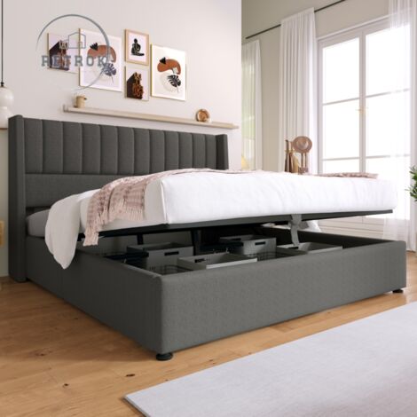 Lit coffre capotonné - lit double de rangement lit hydraulique avec sommier à lattes en bois + tête de lit structure en métal lit adulte en lin - gris 140x200cm (1/5)