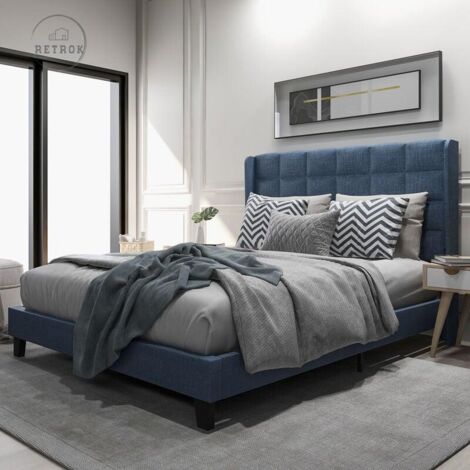 Lit double adulte capitonné 140 x 200 cm - avec sommier à lattes et tête de lit, style scandinave - Bleu (1/5)