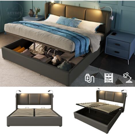 Lit rembourré lit double espace de rangement boîte de lit lampe de lecture avec fonction de chargement USB tête de lit, espaces de rangement lits cadre de lit PU 140x200cm avec sommier à lattes (sans (1/5)
