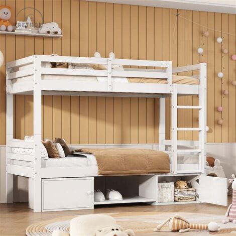 Lit superposé 90x200cm pour enfants, lit d'enfant avec étagères à chaussures et 2 casiers, lit divisé en 2 lits simples, blanc (1/5)