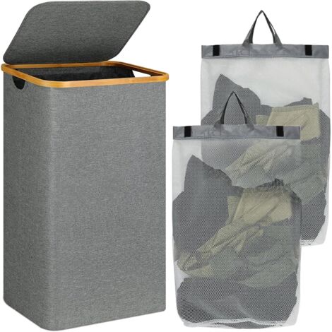 Relaxdays Panier à Linge Avec Couvercle 86L - Bois De Pin Blanc Et Sac Amovible