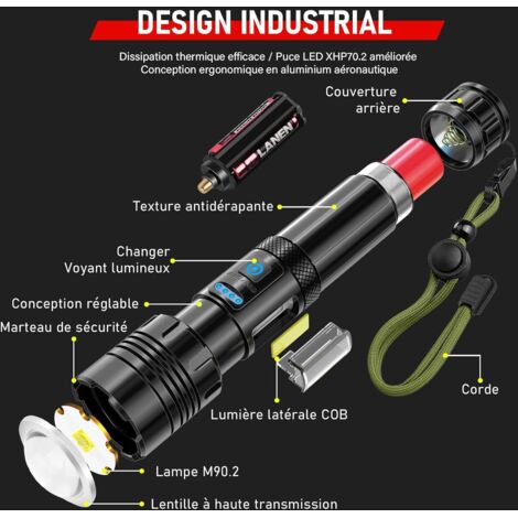 Shadowhawk Lampe torche LED super lumineuse, 50 0 000 lumens, rechargeable avec écran LCD, lampe torche LED XHM90.2, lampe de poche puissante IP67, lampe torche tactique alimentée par piles pour