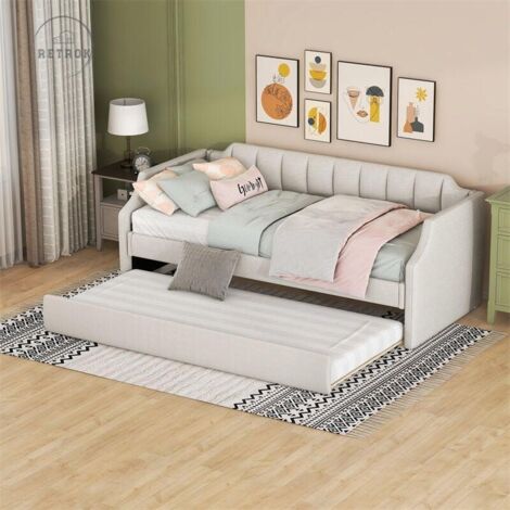 Lit gigogne 90x200cm-180x190cm - Lit de jour simple rembourré avec lit à roulettes Lit d'enfant Canapé-lit extensible avec sommiers à lattes en bois - Beige (1/5)
