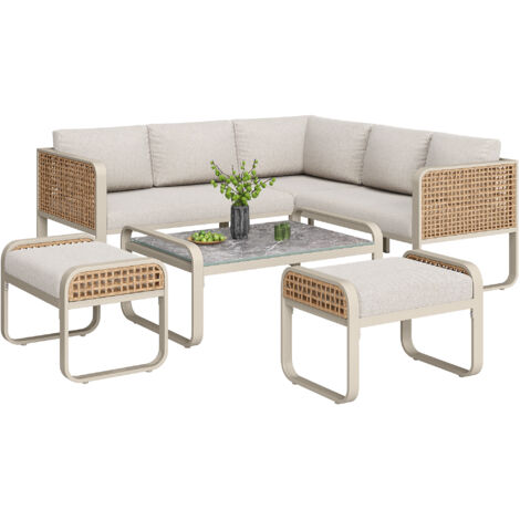 Salon de jardin, ensemble en rotin pour 6-7 personnes, canapé d’angle avec cadre en fer galvanisé, pieds réglables, tous coussins de siège et de dossier inclus, beige (1/5)