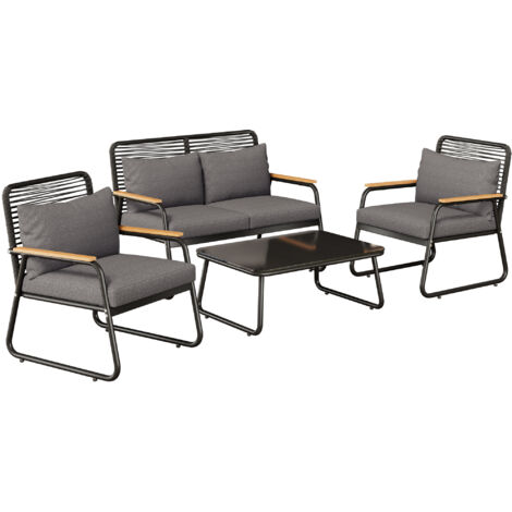 Salon de jardin pour 4 personnes, structure en fer galvanisé, plateau en verre trempé, pieds réglables, avec tous les coussins de siège et de dossier, noir (1/5)