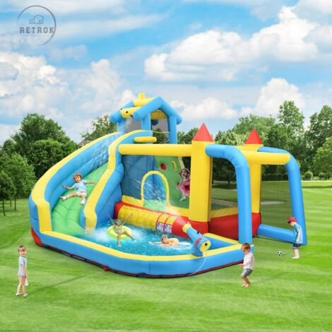 Château gonflable pour enfants, château gonflable 5 en 1 pour enfants âgés de 3 à 10 ans, château gonflable d'extérieur avec toboggan, zone de saut,dimensions gonflables : 364 x 315 x 239 cm.