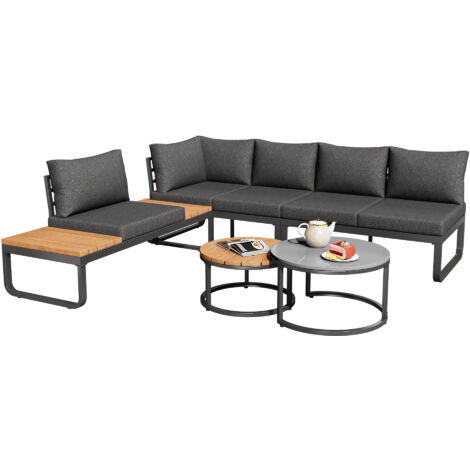 Mobilier de jardin (4-5 places), 2 tables basses empilables, cadre en fer galvanisé, mobilier de jardin confortable, coussins et assises gris inclus, pieds réglables (1/5)