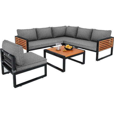 Salon de jardin, ensemble canapé de jardin pour 5-6 personnes, salon d'extérieur moderne, mobilier de jardin avec cadre en fer galvanisé, accoudoirs décoratifs en bois, salon de balcon, jardin et terr (1/5)