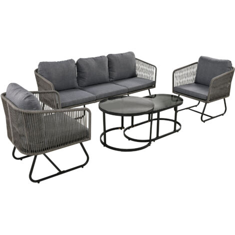 Salon de jardin avec cadre en fer galvanisé, mobilier de jardin en corde grise, pieds réglables, plateau en verre lisse, ensemble 5 pièces, avec tous les coussins de siège et de dossier (1/5)