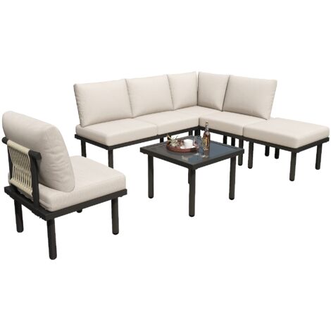 Ensemble de fauteuils de jardin avec cadre en fer galvanisé, 6 pièces, mobilier de jardin en corde tressée beige, pieds réglables, plateau en verre lisse, avec tous les coussins de siège et de dossier (1/5)