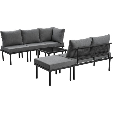 Salon de jardin avec cadre en fer galvanisé, ensemble 6 pièces, mobilier de jardin en corde grise, pieds réglables, plateau en verre lisse, avec tous les coussins de siège et de dossier, gris (1/5)