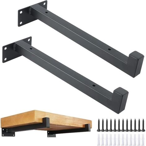 Lot de 2 supports d'étagère carrés flottants industriels noirs de 25 cm à fixation murale rétro (noir) (1/5)