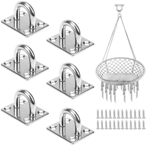 6 Pièces Crochets à œillet, Plaque à œil en Acier Inoxydable, Crochets de Plafond Muraux Acier Inox pour Bateau, Gréement de Yoga, Sangle d'entraînement, Balançoire, Hamac, Sac de Frappe (1/5)