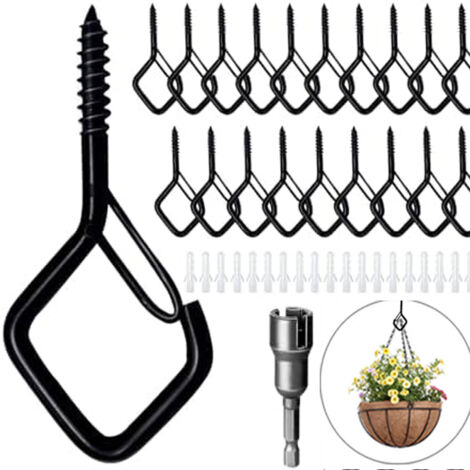 Lot de 20 crochets à visser en acier inoxydable avec sécurité, crochets muraux, crochets de plafond, crochets à vis noirs, peuvent être utilisés pour les plantes, les pots de fleurs, les (1/5)