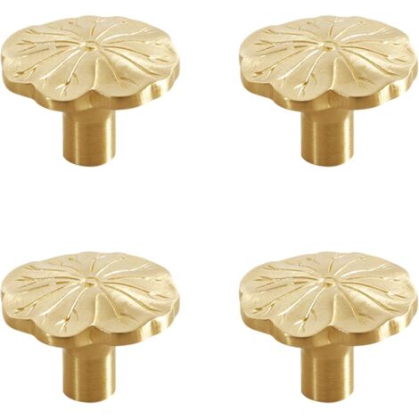 4 Pièces Poignée de Porte, Bouton de Tiroir en Laiton Massif, Poignée Monotrou en Forme de Feuille de Lotus en Laiton Bouton de Porte Or pour Placard, pour Commode Armoire (23x32mm)