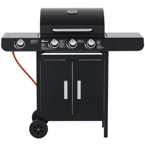 Barbecue à Gaz 4 Brûleurs (3+1) - Acier Inoxydable, Tablette Latérale - 110 x 50 x 100 cm - Noir