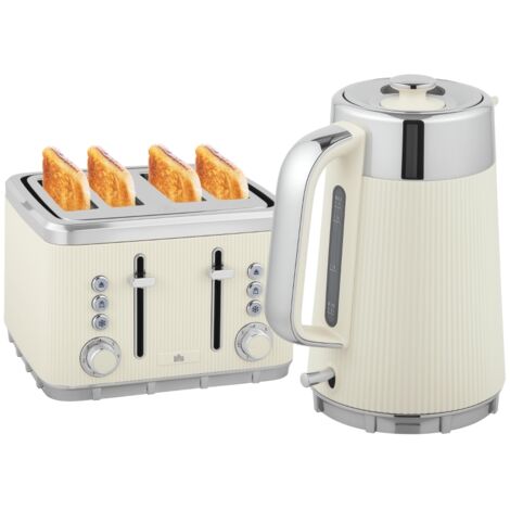 Set Bouilloire 2200W 1,7L + Grille-pain 4 Tranches - Fonction Ébullition Rapide et 7 Niveaux de Cuisson - Filtre Anticalcaire - Blanc Crème (1/5)
