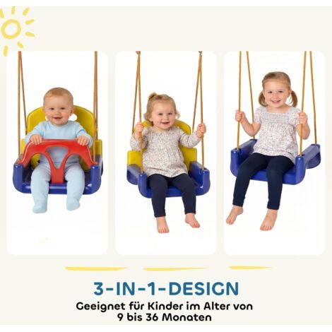 Balançoire 3 En 1 Pour Enfant – Siège Réglable Avec Dossier Et Protection Avant, Corde 2 M, Structure Optionnelle, Intérieur/extérieur, Charge 40 Kg