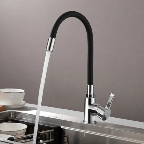 Robinet Cuisine Flexible – Bec Haut Orientable, Laiton – Monotrou, Eau Chaude/Froide – Noir (1/5)