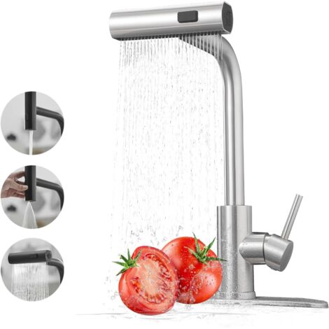 Robinet Cuisine Cascade – Rotatif 360°, Douchette – Levier Unique, 3 Modes – Acier Inoxydable (1/5)