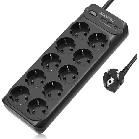 ZOLGINAH USB avec 10 Prises et 3 Ports USB (3.1A/ 15.5W), Multiprise Électrique (4000W/ 16A) avec Interrupteur, Bloc Multiprise Fixation Murale avec Câble 2M pour Maison, Bureau, Cuisine
