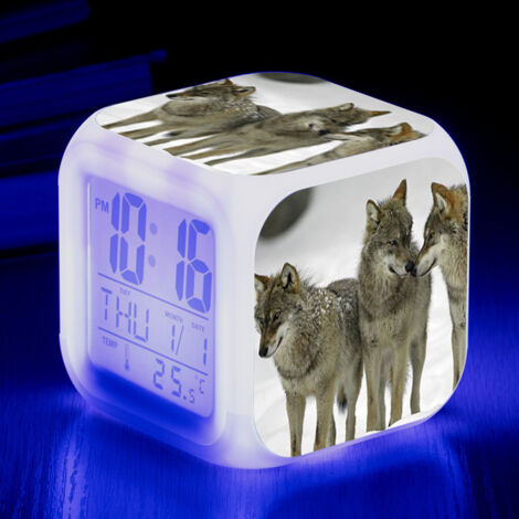 ZOLGINAH Réveil LED Wolf - Pour enfant - Réveil de chevet - Carré - Écran LCD éclairé - Motif loup (13) (1/5)