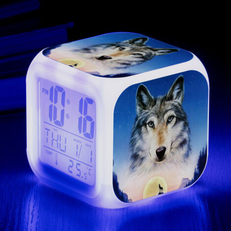 ZOLGINAH Réveil LED Wolf - Pour enfant - Réveil de chevet - Carré - Écran LCD éclairé - Motif loup (1) (1/5)