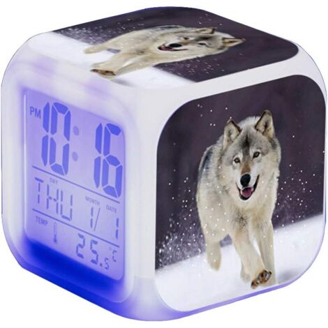 ZOLGINAH Réveil LED Wolf - Pour enfant - Réveil de chevet - Carré - Écran LCD éclairé - Motif loup (4) (1/5)