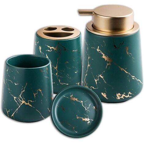 ZOLGINAH D'accessoires de Salle de Bain 4 Pièces en Céramique, Lot de 4 Ensemble Accessoires de Bain de Luxe Effet Marbre Dont Distributeur de Savon, Porte Brosse à Dent, Porte-Savon et Gobelet Green (1/5)