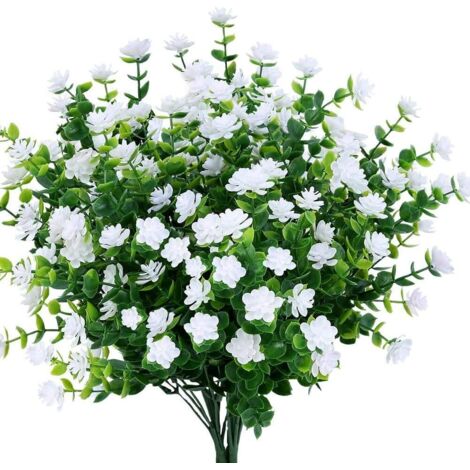ZOLGINAH Artificielle Faux Fleurs, 4Pack artificielles Eucalyptus Extérieur UV Résistant Verdure Arbustes Plantes Intérieur Extérieur Suspendus Planteur Accueil Jardin Décor (White) (1/5)
