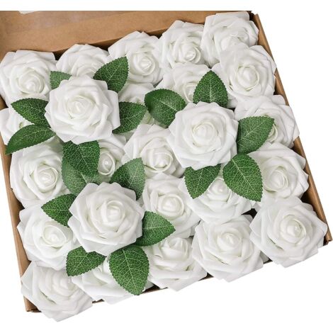 ZOLGINAH Lot de 25 Roses artificielles réalistes avec Tige pour Bouquets de Mariage, centres de Table, fête de Mariage, décoration de Maison (Blanc, 25pcs) (1/5)