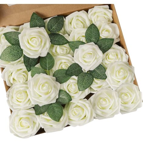 ZOLGINAH Lot de 25 Roses artificielles réalistes avec Tige pour Bouquets de Mariage, centres de Table, fête de Mariage, décoration de Maison (Ivoire, 25pcs) (1/5)