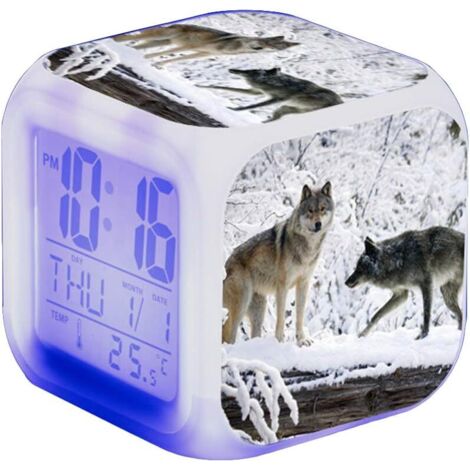 ZOLGINAH Réveil LED Wolf - Pour enfant - Réveil de chevet - Carré - Écran LCD éclairé - Motif loup (7) (1/5)