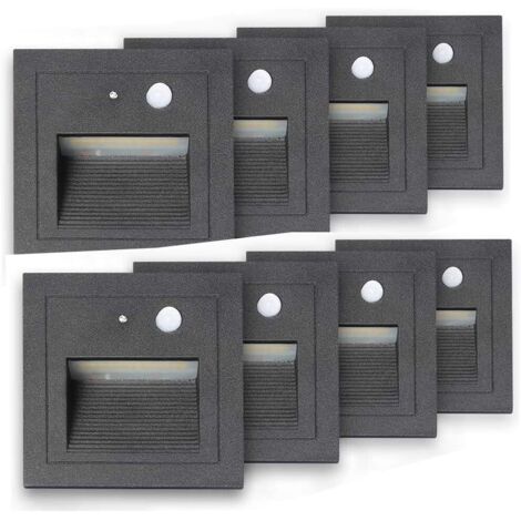 ZOLGINAH Lot de 8 LED Spot Mural Encastré 3W Applique Murale Escalier Etape Lumière Lampe Détecteur de Mouvement Sol Encastré Lumière Escalier Lumière Hall Lampe 2800K Blanc Chaud-Cadre Blanc-Cadre Bl