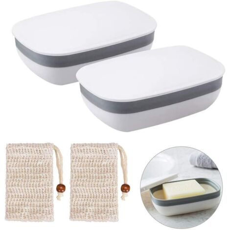ZOLGINAH 2Pcs Boîte à Savon Porte-Savon Plastique pour Salle de Bain Voyage Randonnée Camping avec 2pcs Sac à Savon en Sisal (Blanc)