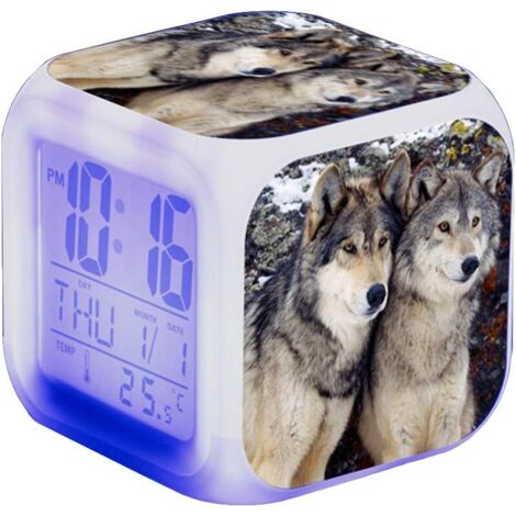 ZOLGINAH Réveil LED - Pour enfant - Réveil de chevet - Carré - Écran LCD éclairé - Motif loup (6) (1/5)
