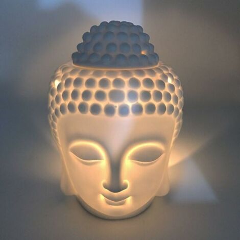 ZOLGINAH Brûleur à huile d'aromathérapie en céramique - Tête de Bouddha - Diffuseur d'huiles essentielles - Encens indiens - Bouddha tibétain - Taille S – Blanc (1/4)