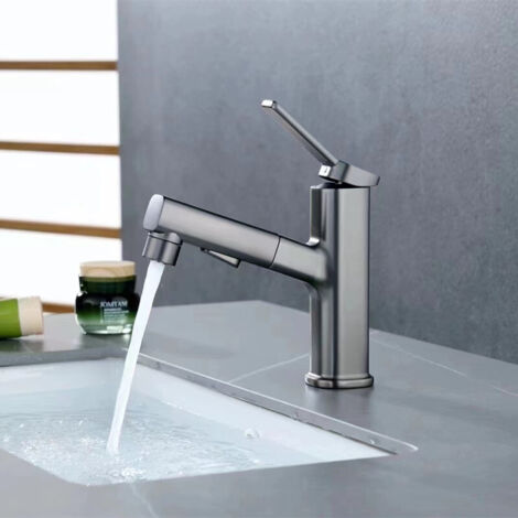 ZOLGINAH Robinet Salle de Bain Gris avec Douchette Extractible, Robinet Mitigeur Lavabo 3 Modes D’écoulement D'eau Robinet Lave Main Fontaine Design Elégant en Laiton (1/5)