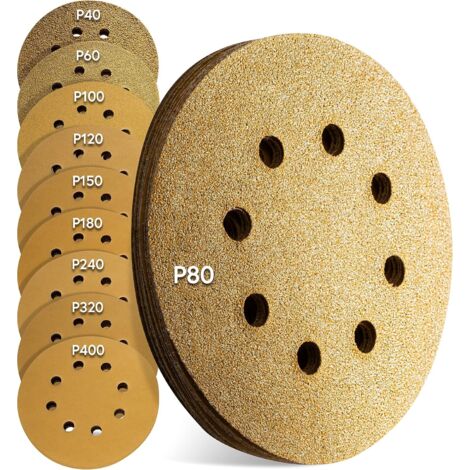 ZOLGINAH Premium Disques abrasifs excentriques 125mm Or, 100 pièces, 8 trous papier a poncer, disque poncage Papier abrasif universel Velcro 10 x P40 - P400 pour Bois, Métal et Peinture (1/5)