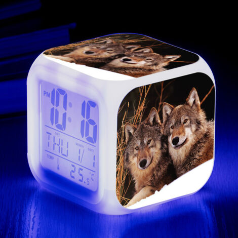 ZOLGINAH Réveil LED Wolf - Pour enfant - Réveil de chevet - Carré - Écran LCD éclairé - Motif loup (14) (1/5)