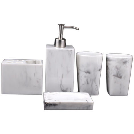 ZOLGINAH Ensemble d'accessoires de salle de bain 5 pièces en marbre pour décoration de salle de bain avec porte-brosse à dents, distributeur de savon, porte-savon, 2 gobelets, encre blanche (1/5)