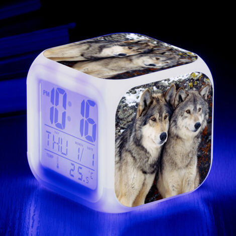 ZOLGINAH Réveil LED Wolf - Pour enfant - Réveil de chevet - Carré - Écran LCD éclairé - Motif loup (4) (1/5)