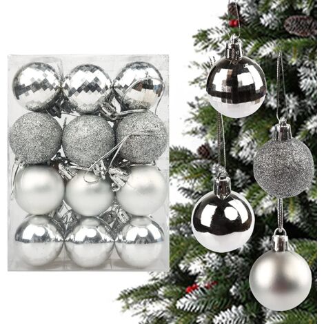 ZOLGINAH 24 Boules de Noël, ø 4cm Sapins de Noël Boule Plastique, 4 Styles Décoration de Noël Boules de Noël en Plastique, Boule d'Arbre de Noël pour Noël, Mariage, Festival (Argent) (1/5)