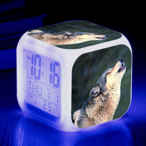 ZOLGINAH Réveil LED Wolf - Pour enfant - Réveil de chevet - Carré - Écran LCD éclairé - Motif loup (8) (1/5)