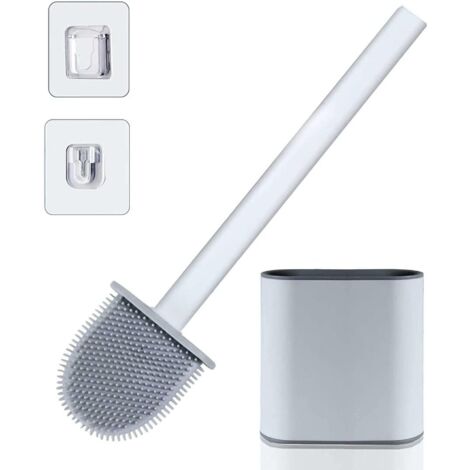 ZOLGINAH Brosse WC avec Support – Brosse de Toilette en Silicone avec Long Manche en Plastique Antidérapant et Kit de Support à Séchage Rapide(Sol/Mur),Brosse de Salle de Bain avec Poils en Silicone P