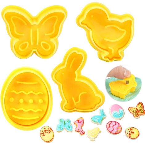 ZOLGINAH Emporte Pièce Pâques, 3D Moule Biscuit Plastique, Pâques Biscuits Moule, Lot de 4 Pâques Emporte-pièces Moule, Lapins Oeuf Poussin Papillon, Moule à Gâteau Biscuit (1/5)
