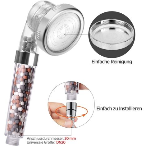 ZOLGINAH Pommeau de Douche, Pommeau Douche Anti Calcaire avec Tuyau Économiseur d'Eau Haute Pression Filtre à Système de Filtrage Ionique (3 Filtration + Tuyau) (1/5)
