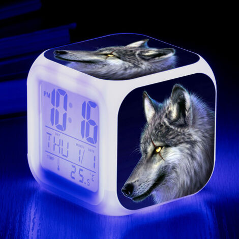 ZOLGINAH Réveil LED Wolf - Pour enfant - Réveil de chevet - Carré - Écran LCD éclairé - Motif loup (2) (1/5)