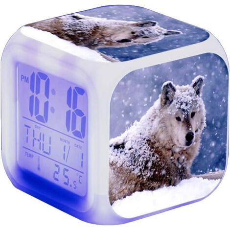 ZOLGINAH Réveil LED Wolf - Pour enfant - Réveil de chevet - Carré - Écran LCD éclairé - Motif loup (8) (1/5)